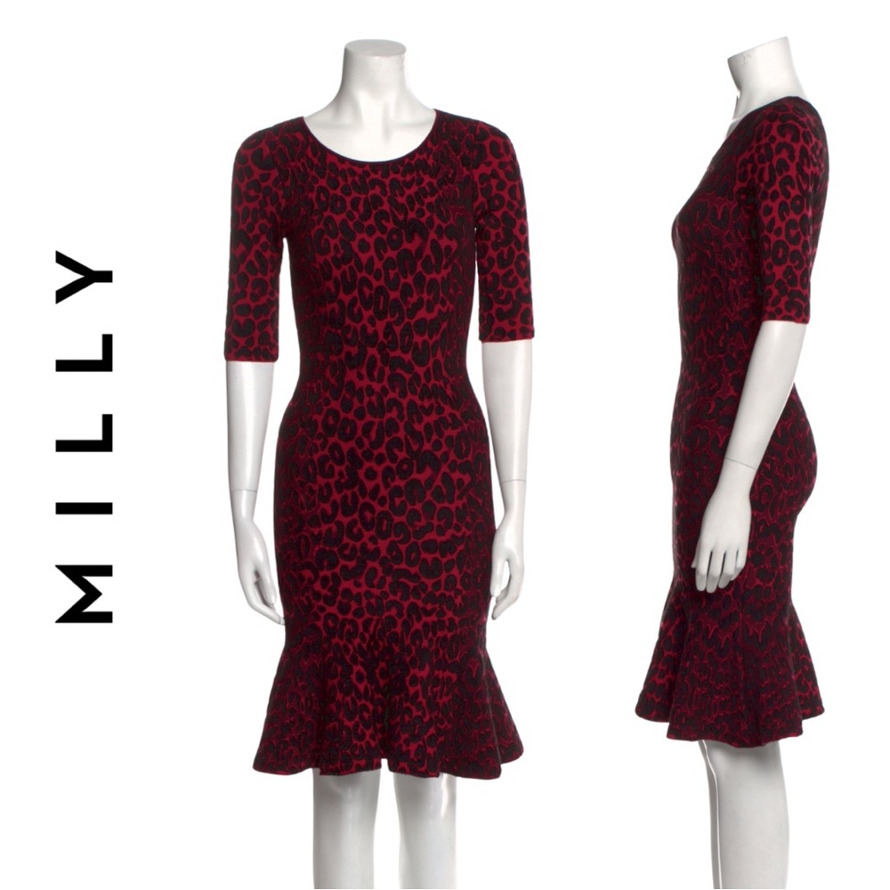 Milly Pink/Purple Leopard Animal Print Midi Dress with Mermaid Flared Hem